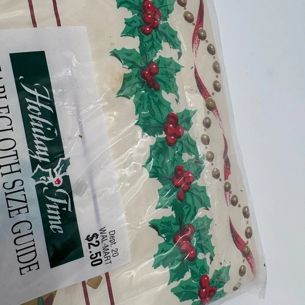 New Old Stock Vintage Holiday Time Poinsettia and Holly Flannel-Back Tablecloth